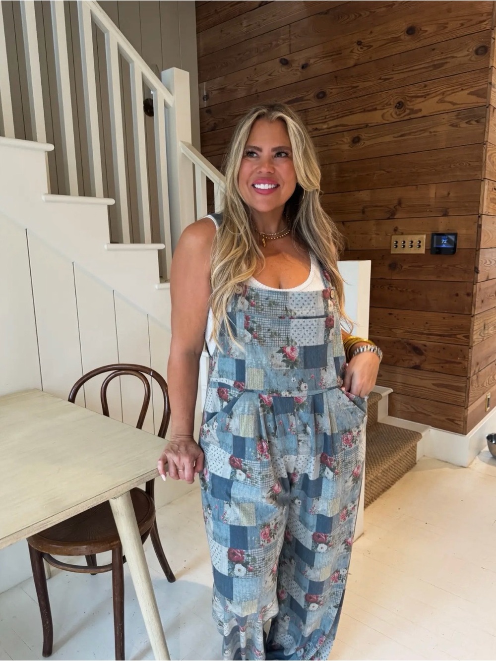 Patchwork Floral Denim-Print Wide Leg Jumpsuit - Blue - Picture 3 of 3